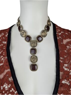 Etruscan Revival Style Gold Tone Y Drop Statement Necklace Goth Alt Whimsigoth